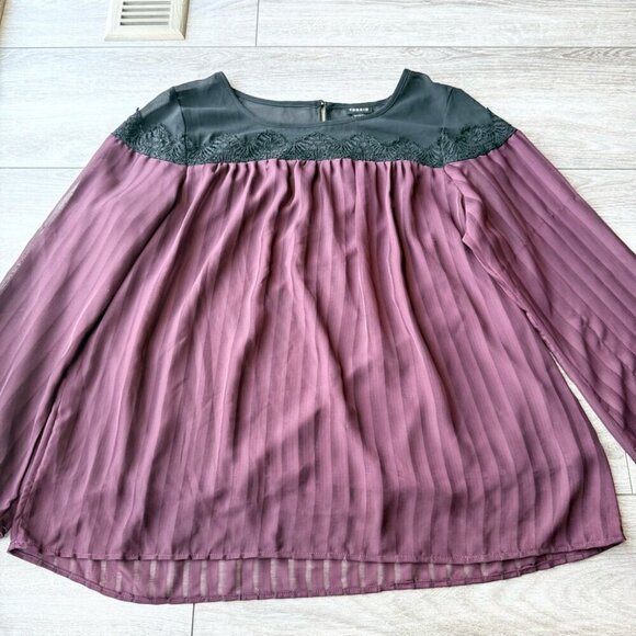 Torrid Black Purple Pleated Chiffon Lace Applique Bell Sleeve Blouse - Picture 7 of 16